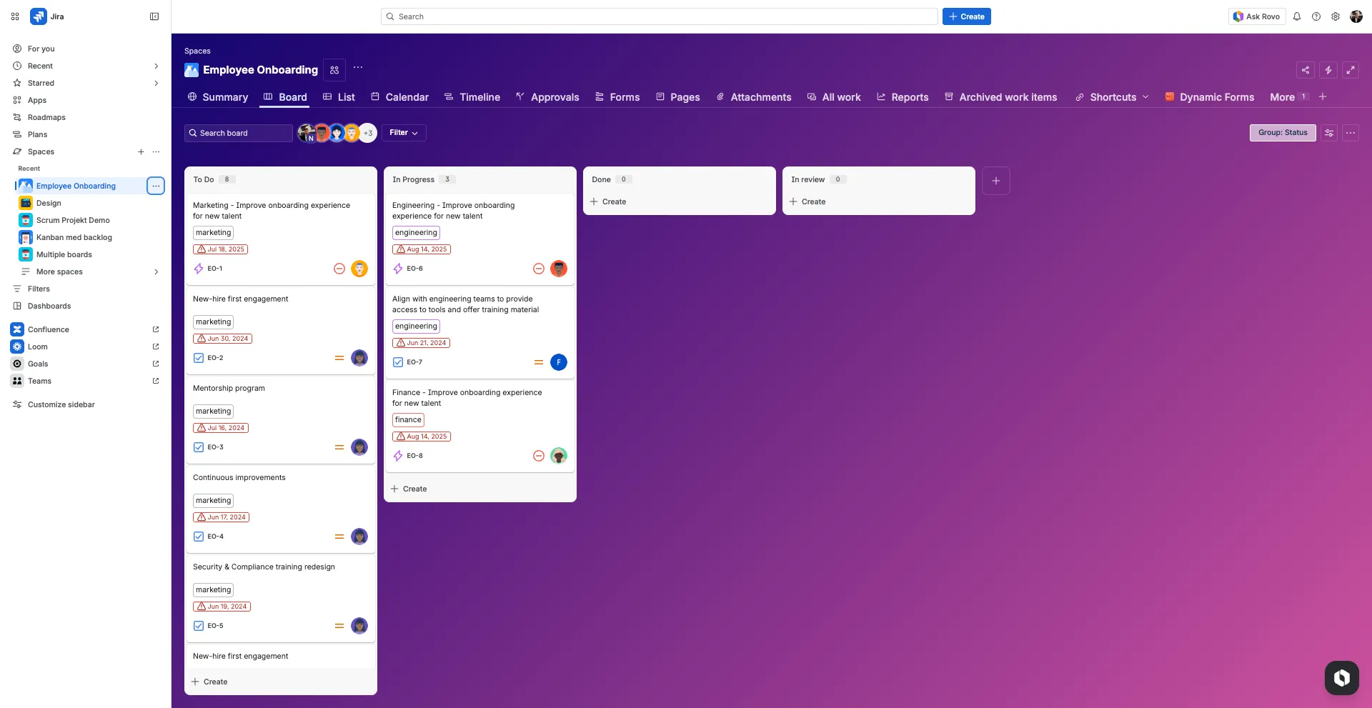 Kanban-board i Jira med uppgifter organiserade i kolumner efter status