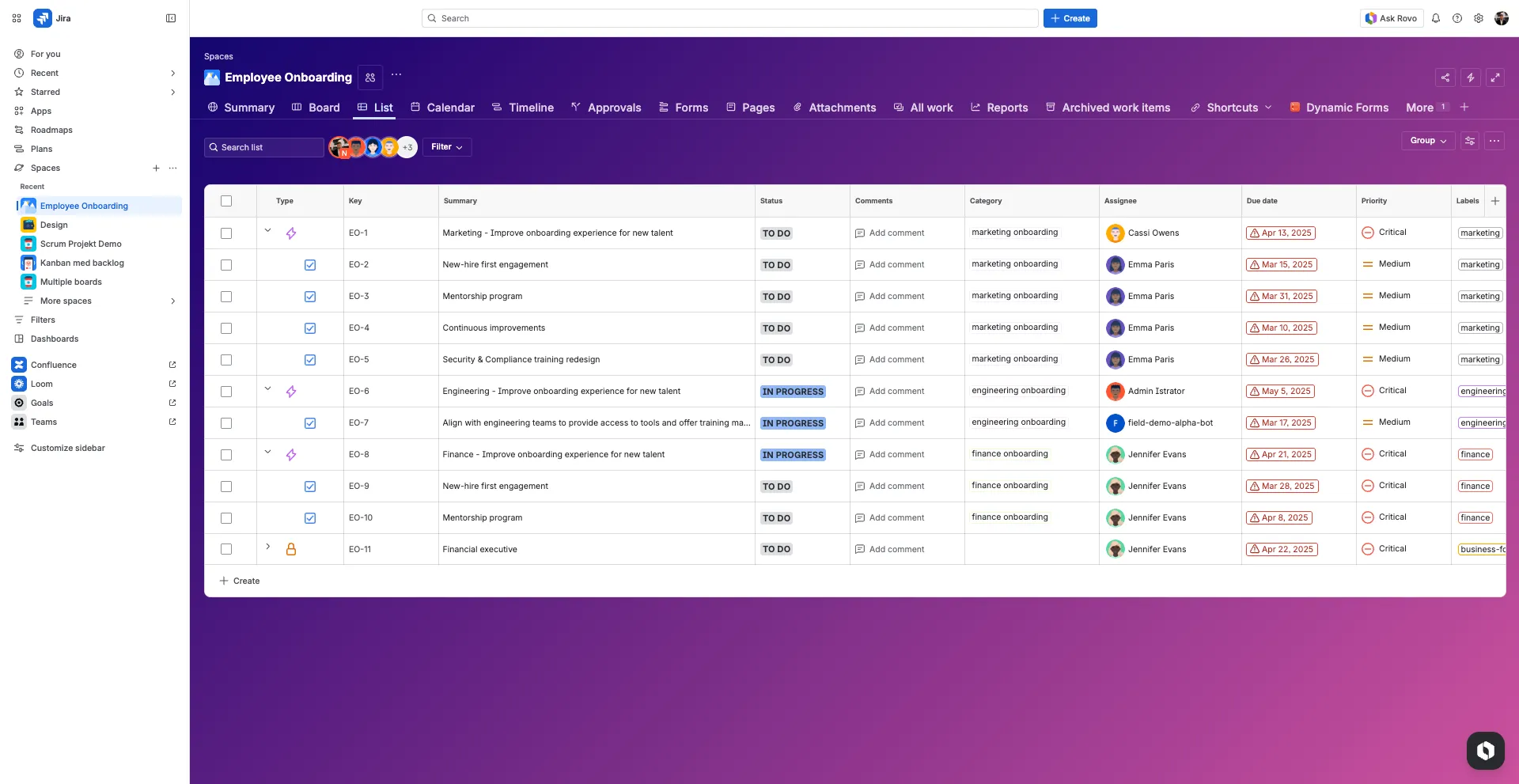 Listvy i Jira med strukturerad uppgiftsöversikt och statusöversikt