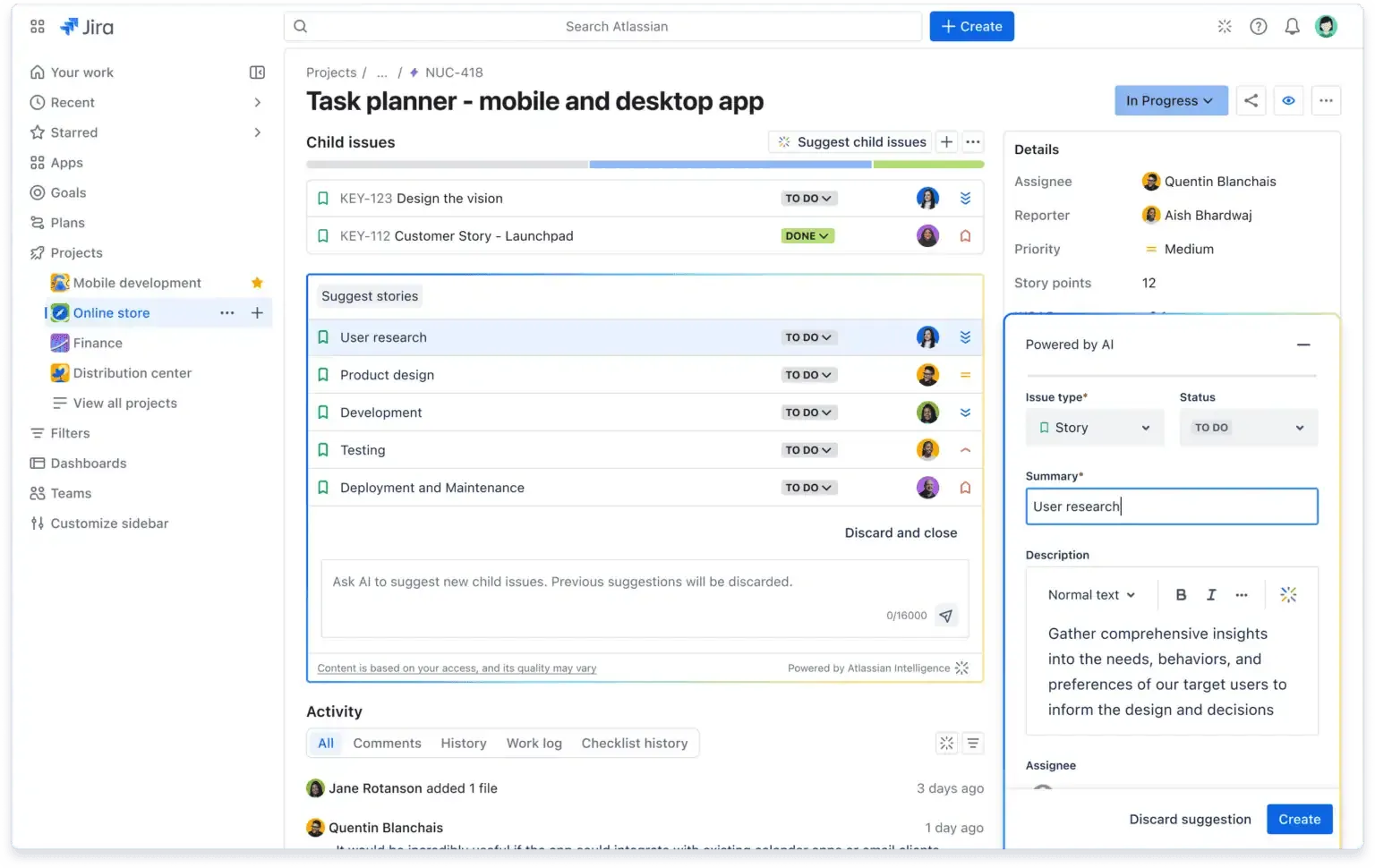 Atlassian Intelligence AI Work Breakdown med automatiska förslag på uppdelning av epics i uppgifter