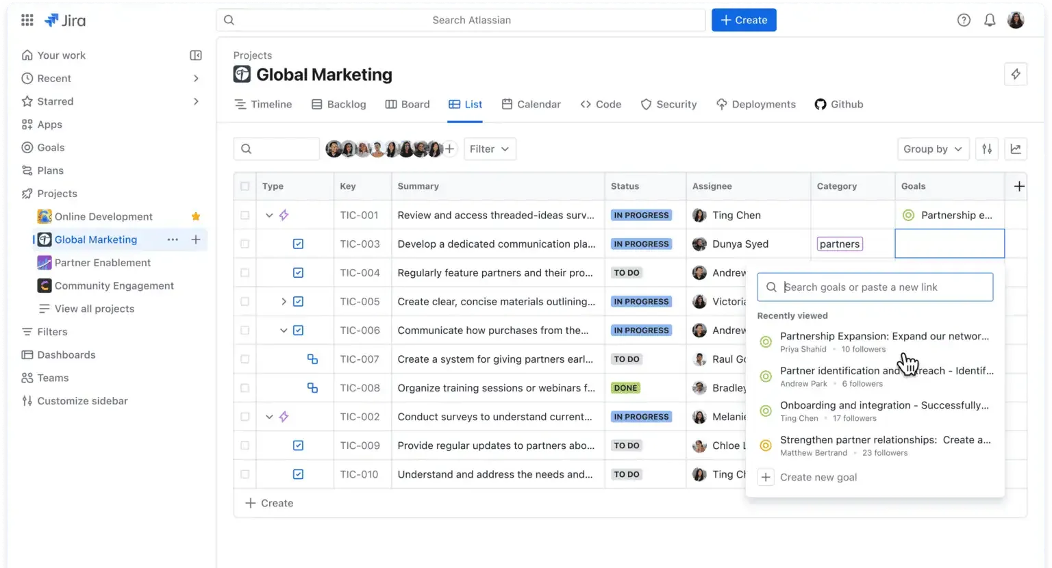Målfunktion i Jira med översikt över företagets mål och kopplade team