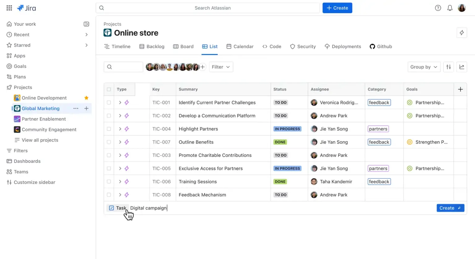 Listvy i Jira med uppgifter i tabellformat tvärs över alla projekttyper