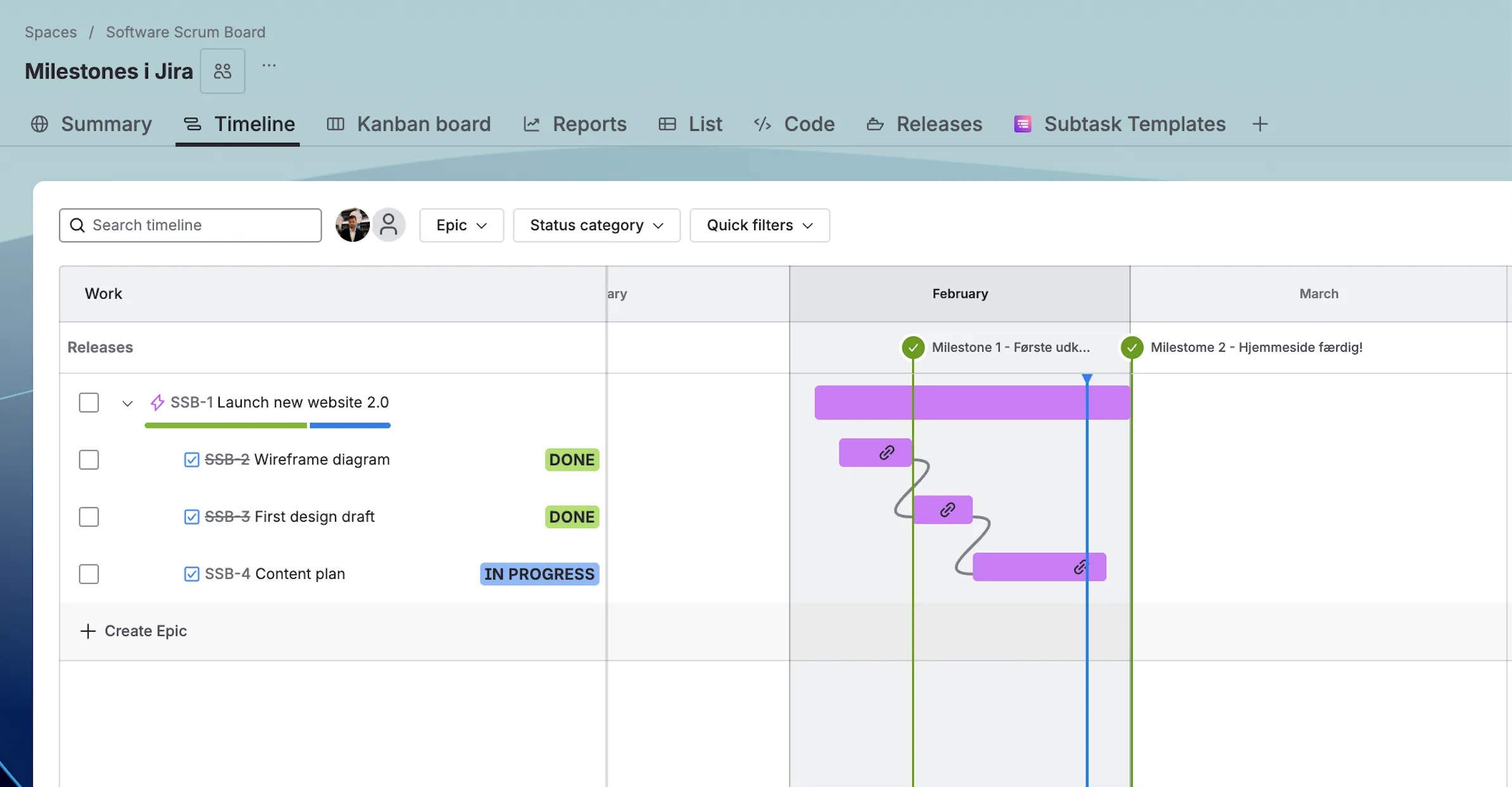 Milestones og timeline feature i Jira