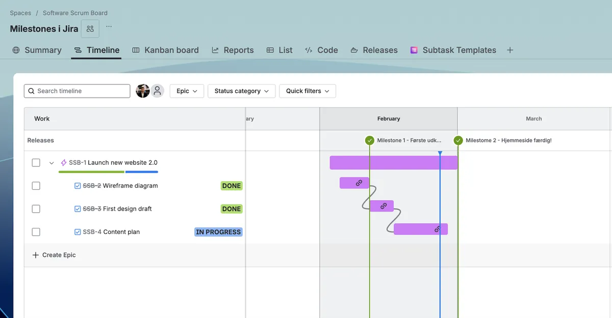 Milestones och tidslinje i Jira
