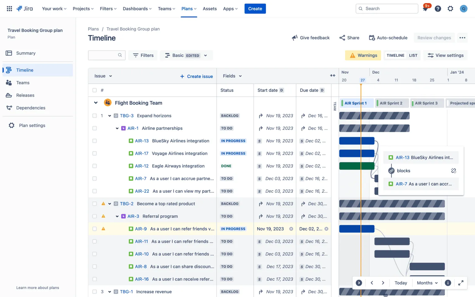 Tidslinje i Jira med visuell överblick över uppgifter och deadlines tvärs över teamet