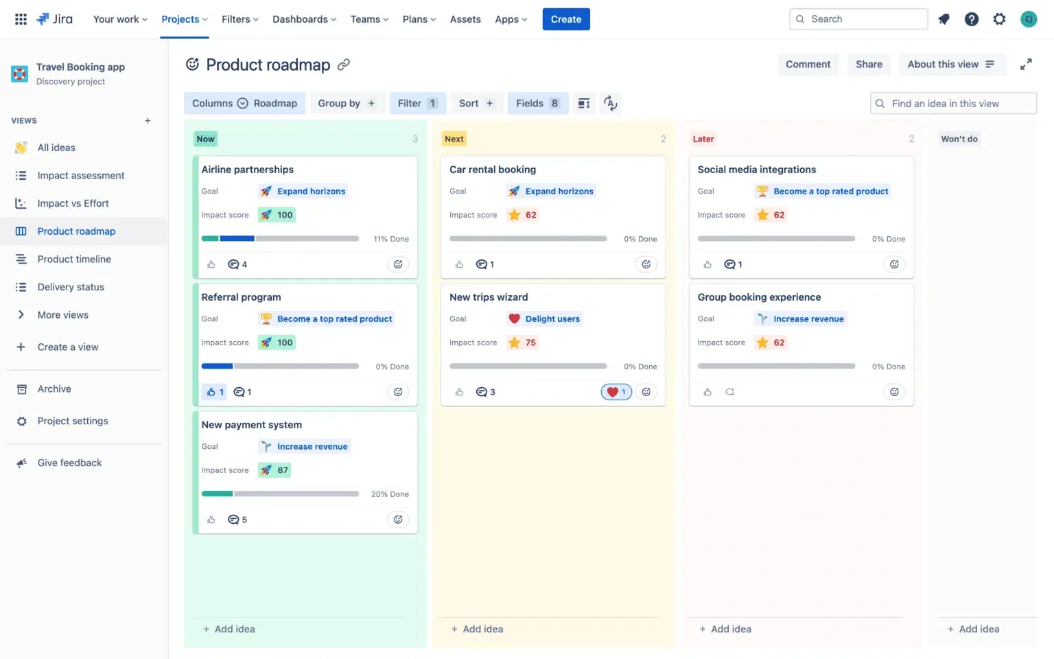 Kanban-board i Jira med prioriterade idéer och uppgifter organiserade i kolumner