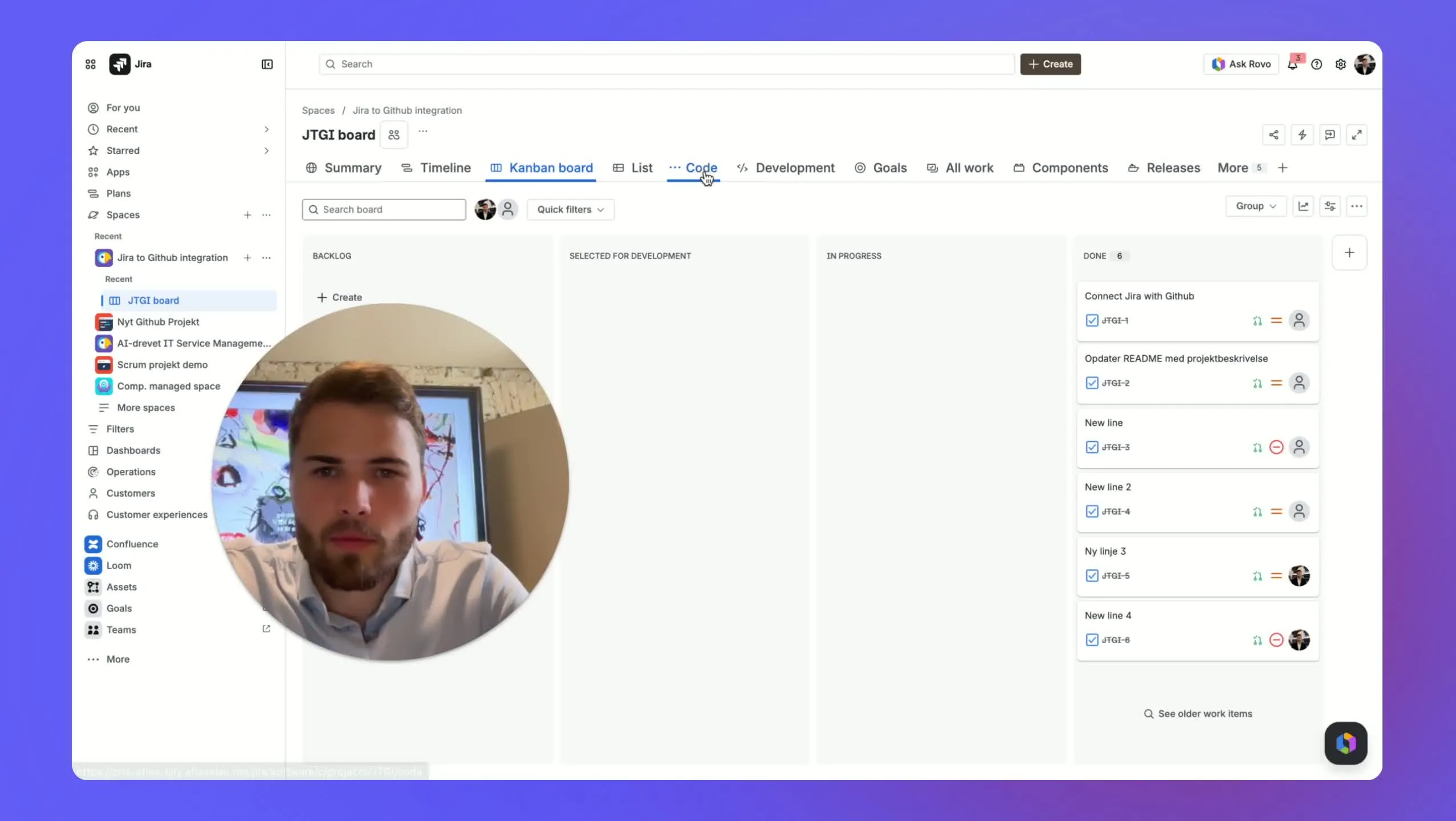 Koppla Jira till GitHub via Code-menyn